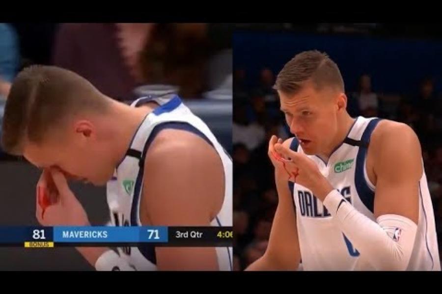 Звезде латвийского баскетбола сломали нос во время матча НБА (+ВИДЕО)