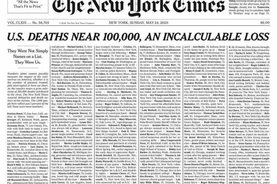 The New York Times напечатала на первой полосе имена погибших из-за Covid