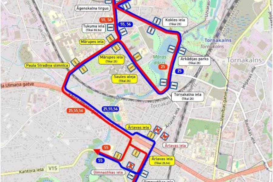Из-за закрытого путепровода в Риге меняют автобусные маршруты №25, 55 и 56