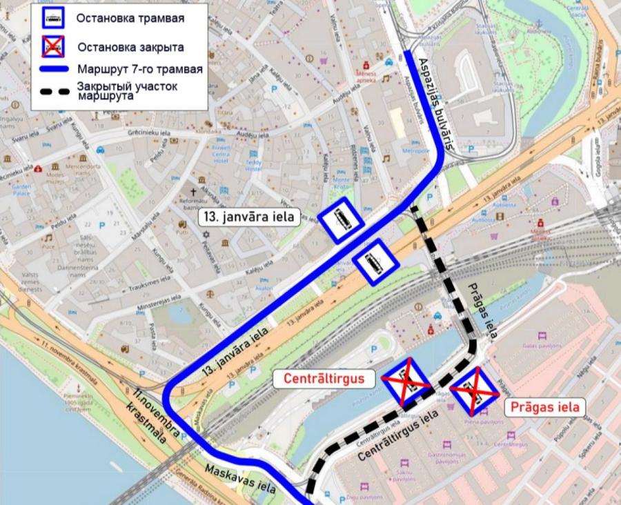 С 6 сентября закрыта улица Прагас, поэтому будет изменено движение маршрута 7–го трамвая.