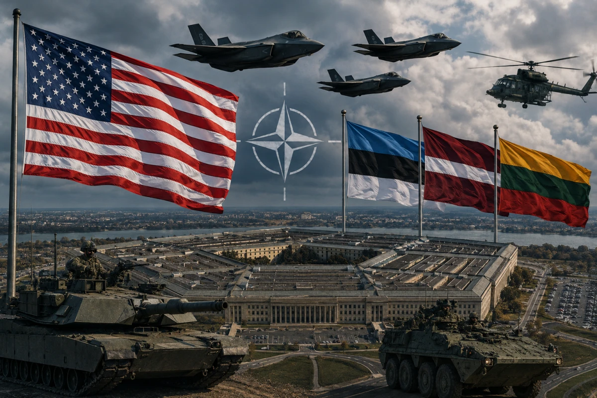 Изображение к статье: Коллаж: Пентагон, флаги США и стран Балтии, военная техника НАТО