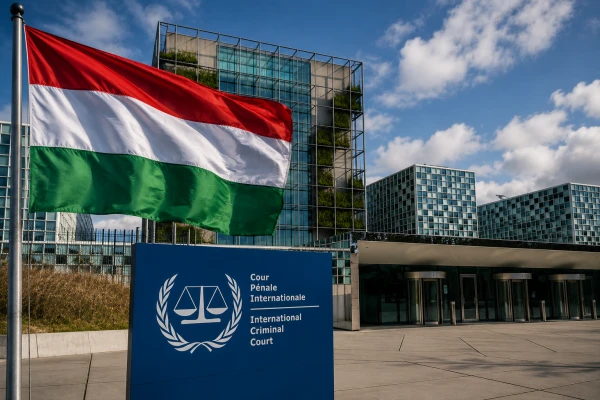 Изображение к статье: Флаг Венгрии и здание Международного уголовного суда в Гааге