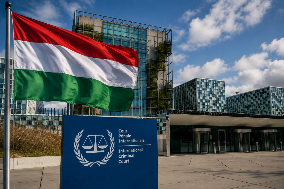 Изображение к статье: Флаг Венгрии и здание Международного уголовного суда в Гааге