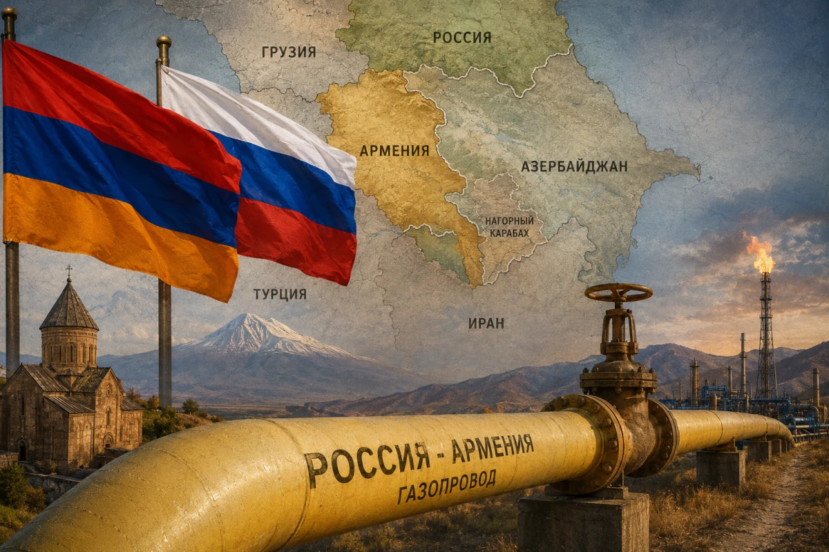 Изображение к статье: Коллаж: газопровод, флаги Армении и России, карта Южного Кавказа
