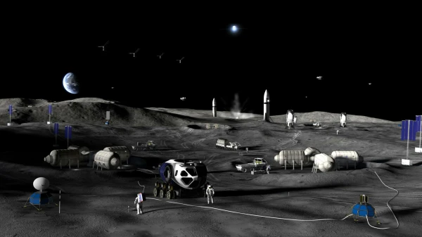Концепт лунной базы NASA с астронавтами и роверами