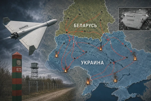 Изображение к статье: Шахед на фоне военной карты Беларуси и Украины
