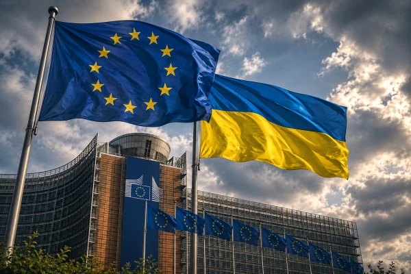 Изображение к статье: Флаги ЕС и Украины на фоне здания Еврокомиссии