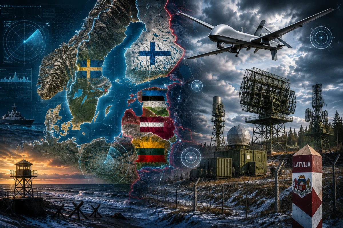 Изображение к статье: Карта Балтийского региона и военный беспилотник в небе