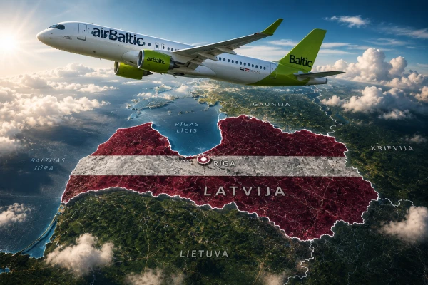 Изображение к статье: Самолет airBaltic на фоне Латвии