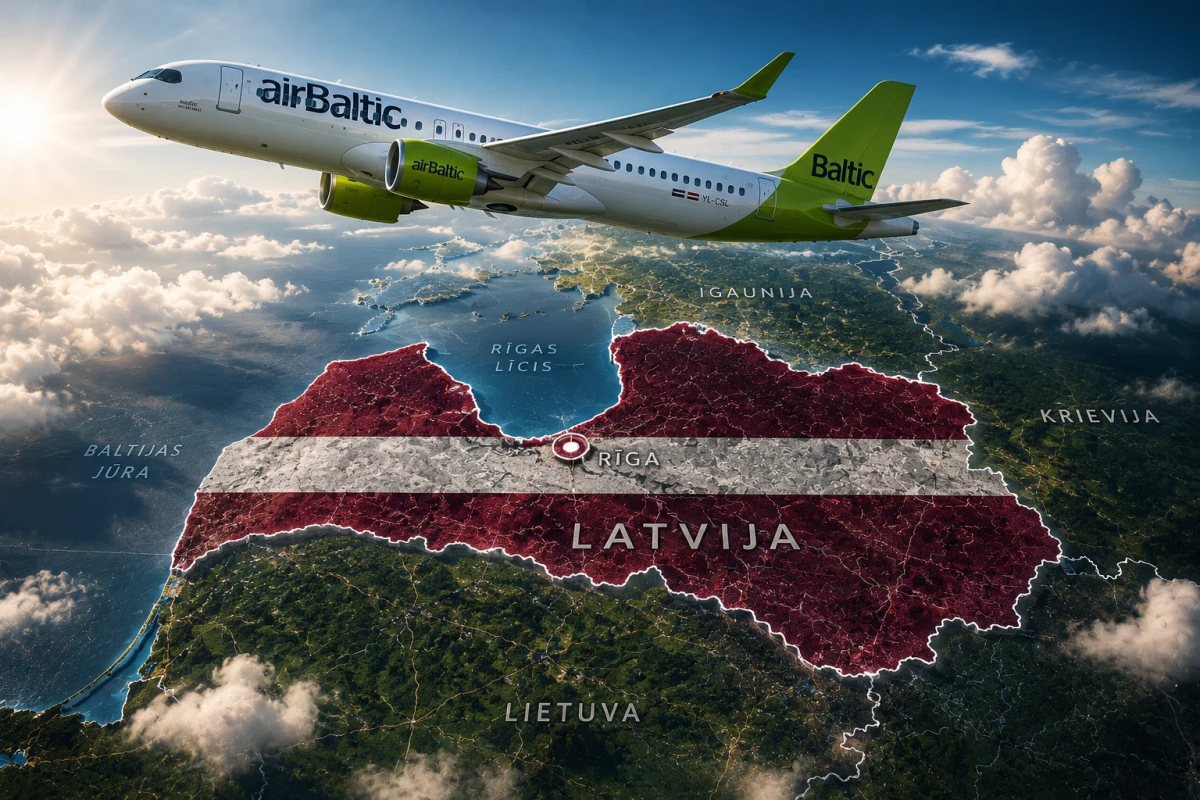 Изображение к статье: Самолет airBaltic на фоне Латвии
