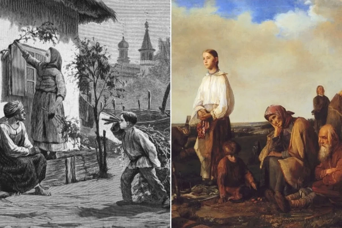 Изображение к статье: «Накануне Троицы». Гравюра Ю. Шюблера с картины И. Ижакевича. 1888 год; А. Корзухин, картина «Поминки на Деревенском Кладбище», 1865 год.