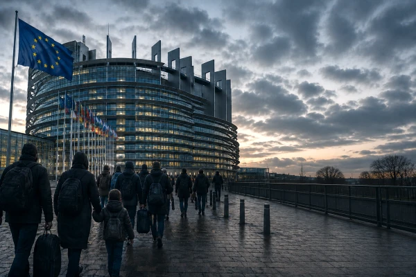 Изображение к статье: Здание Европарламента в Брюсселе, силуэты мигрантов