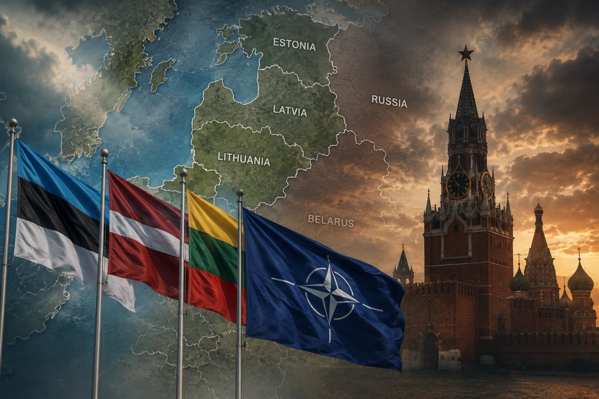 Изображение к статье: Флаги стран Балтии и НАТО, Кремль и карта региона