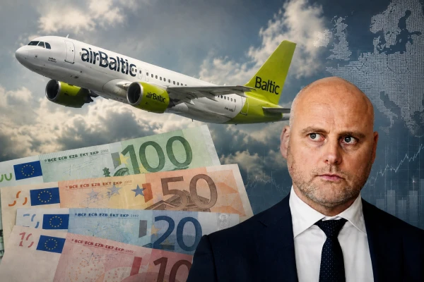 Самолёт airBaltic, деньги евро и премьер-министр Латвии Андрис Кулбергс.
