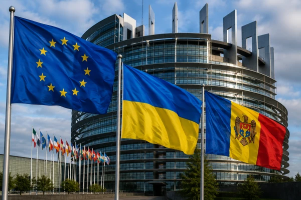 Изображение к статье: Флаги Евросоюза, Украины и Молдовы на фоне здания Европарламента.