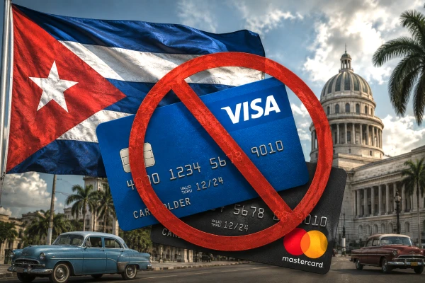 Изображение к статье: Банковские карты Visa и Mastercard, флаг Кубы и знак запрета
