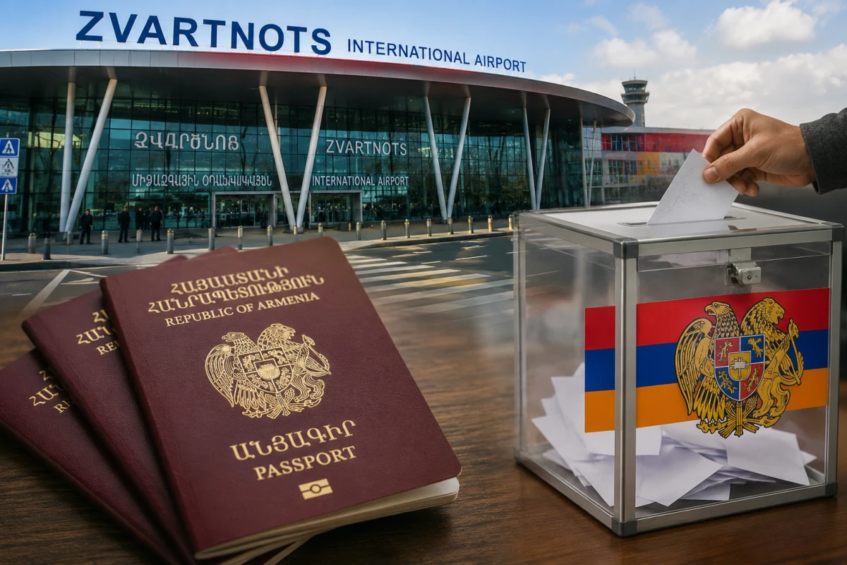 Изображение к статье: Аэропорт Еревана, армянские паспорта и урна для голосования