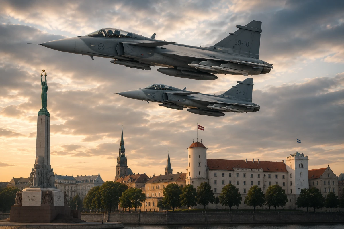 Изображение к статье: Два истребителя JAS 39 Gripen над силуэтом Риги с Памятником Свободы и Рижским замком.