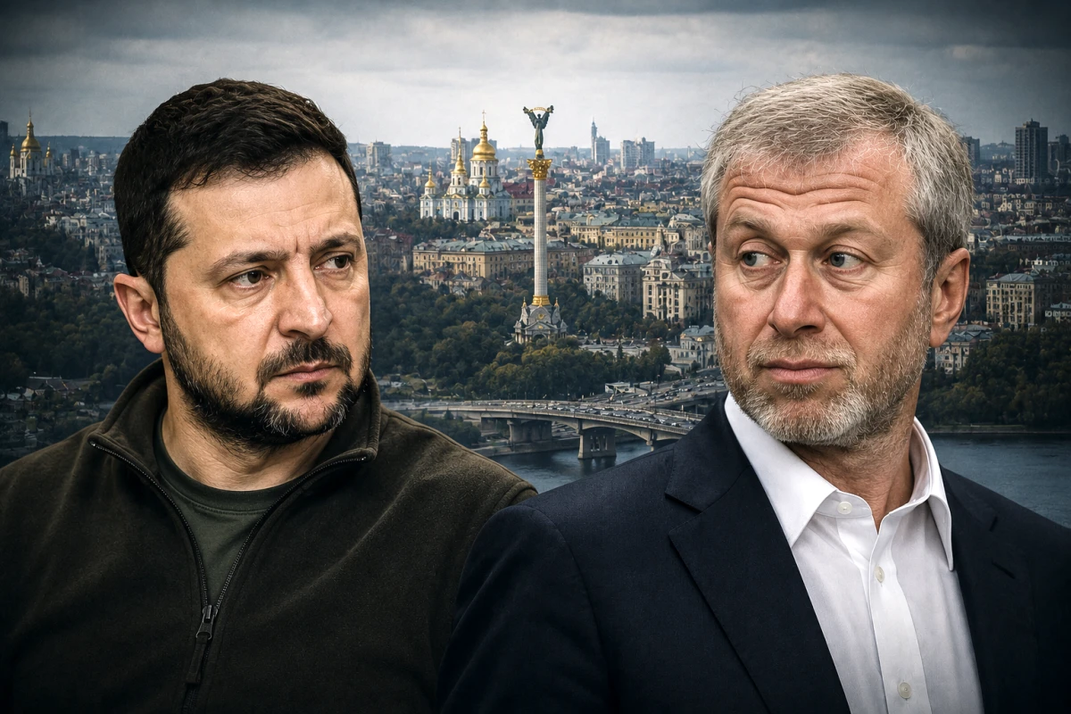 Изображение к статье: Владимир Зеленский и Роман Абрамович на фоне Киева