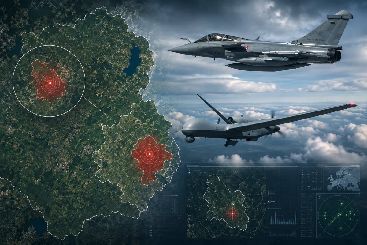 Изображение к статье: Карта Латгале с отметкой Берзгальской волости, французский истребитель НАТО, беспилотник