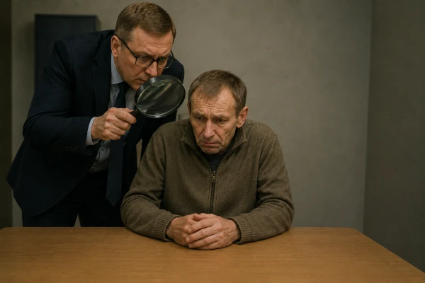 Чиновник смотрит на человека через лупу.