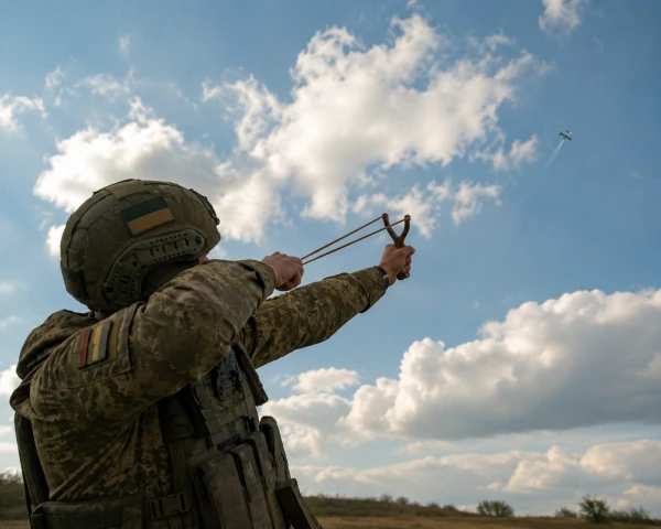 Изображение к статье: военный целится в небо из рогатки