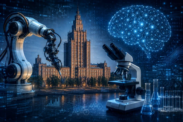 Изображение к статье: Роботизированная рука, микроскоп и цифровая нейросеть на фоне Академии наук Латвии