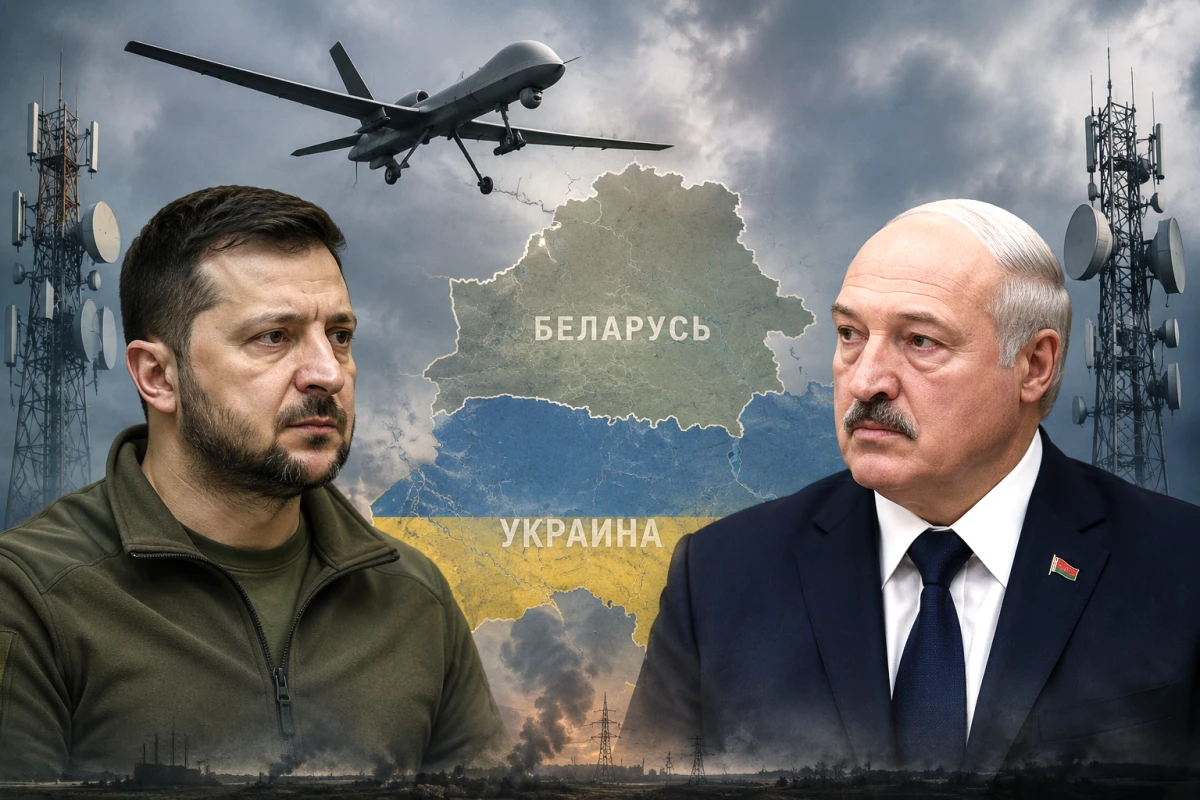Изображение к статье: Владимир Зеленский и Александр Лукашенко на фоне карты Беларуси и Украины, военный беспилотник в небе и антенны связи.