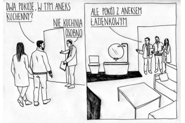 "Две комнаты и совмещенная кухня?" "Нет, кухня отдельно. Но комната с совмещенной ванной". 