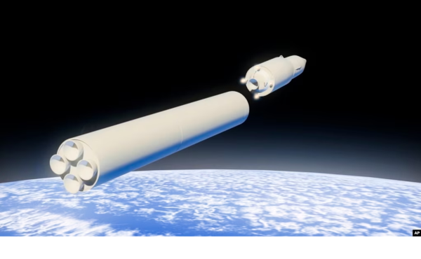 На этом видеозаписи, предоставленной российским телеканалом RU-RTR через AP 1 марта 2018 года, компьютерное моделирование показывает, как гиперзвуковой аппарат запускается с помощью ракет-носителей высоко над орбитой Земли.