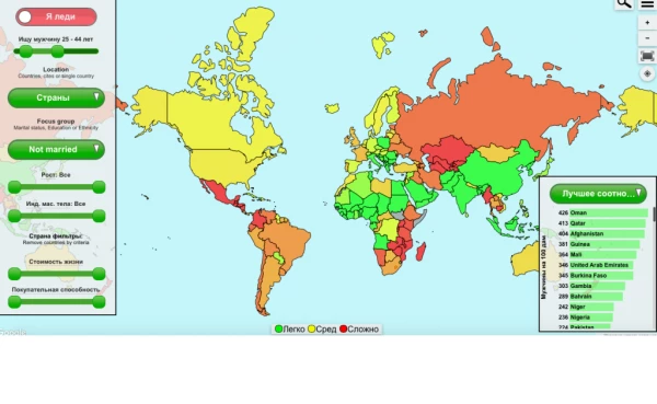 Рейтинг стран по сложности поиска мужа - чем зеленей, тем проще.