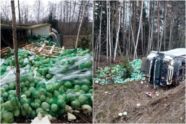 На Тинужской трассе в аварию попал грузовик; всё вокруг в капусте