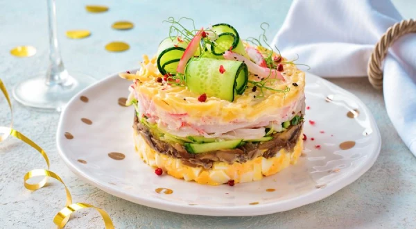 Изображение к статье: Салат с крабовыми палочками и жареными шампиньонами: оригинальный и вкусный рецепт