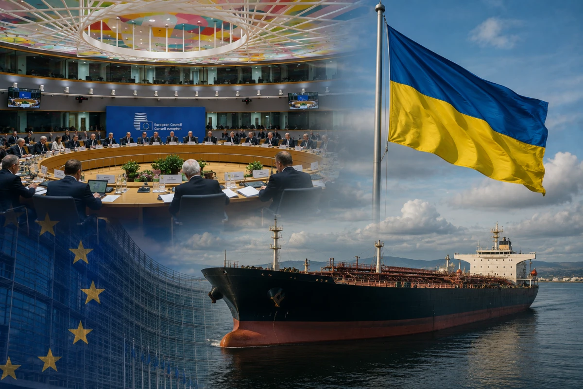 Изображение к статье: Коллаж: заседание Совета ЕС, флаг Украины и нефтяной танкер