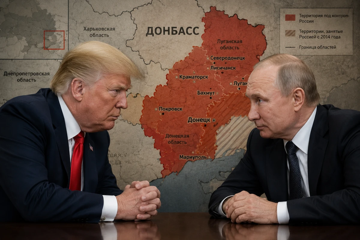 Изображение к статье: Переговоры Трампа и Путина на фоне карты Донбасса