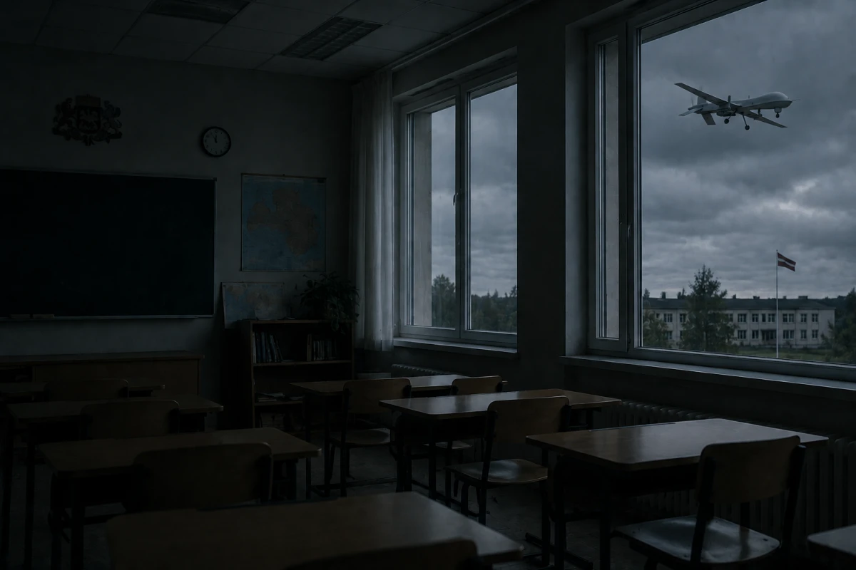 Изображение к статье: Покинутый класс школы и военный беспилотник за окном