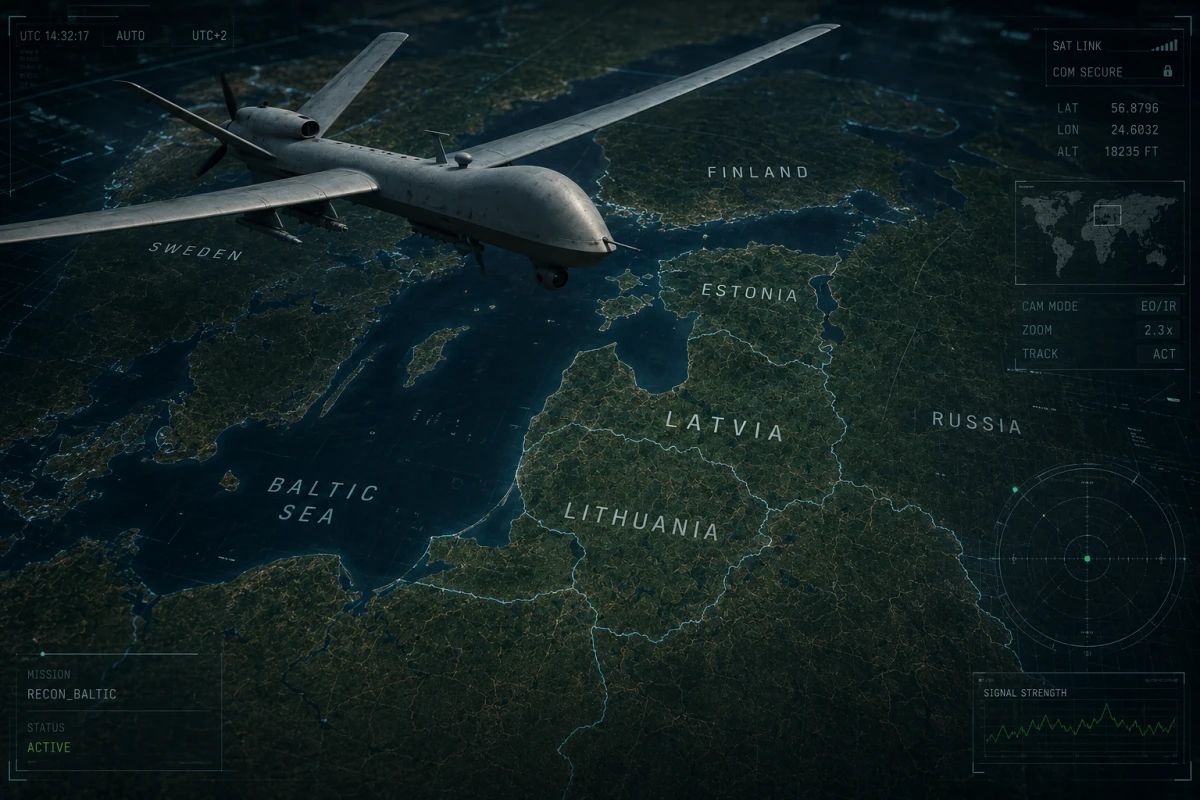 Изображение к статье: Военный дрон над картой Балтии